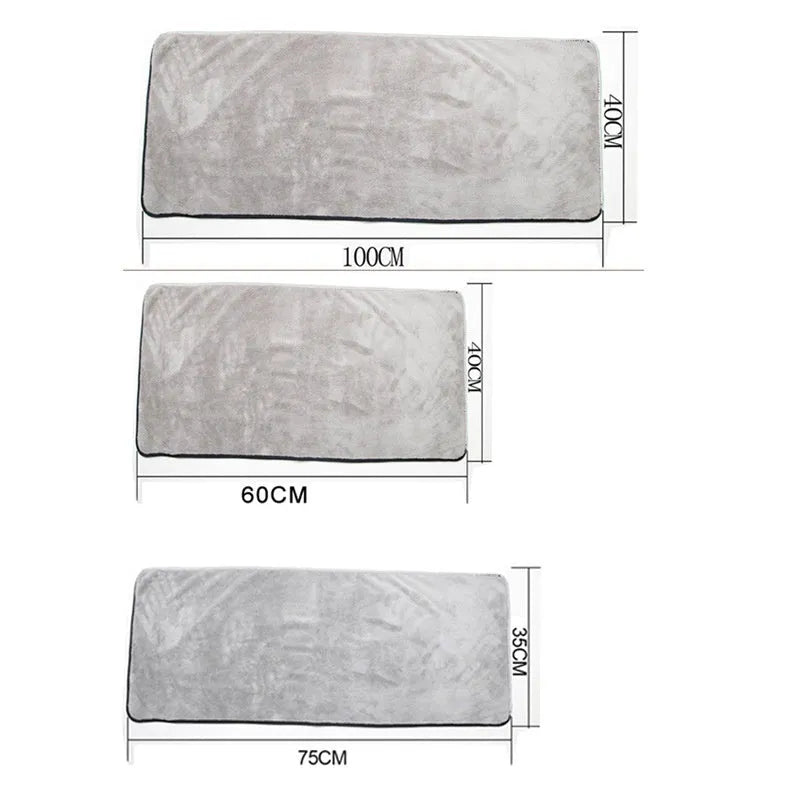 Microfiber car wash and detailing towel shown in three size options: 75x35cm, 60x40cm, and 100x40cm.