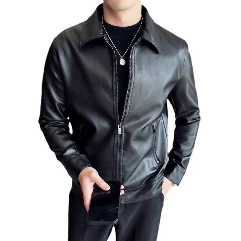 Men's black PU leather casual jacket with zipper pockets shown in loose fit design