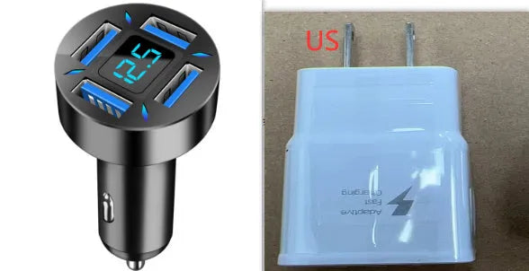 Black four-port USB car charger with LED voltage display plugged into a car socket.