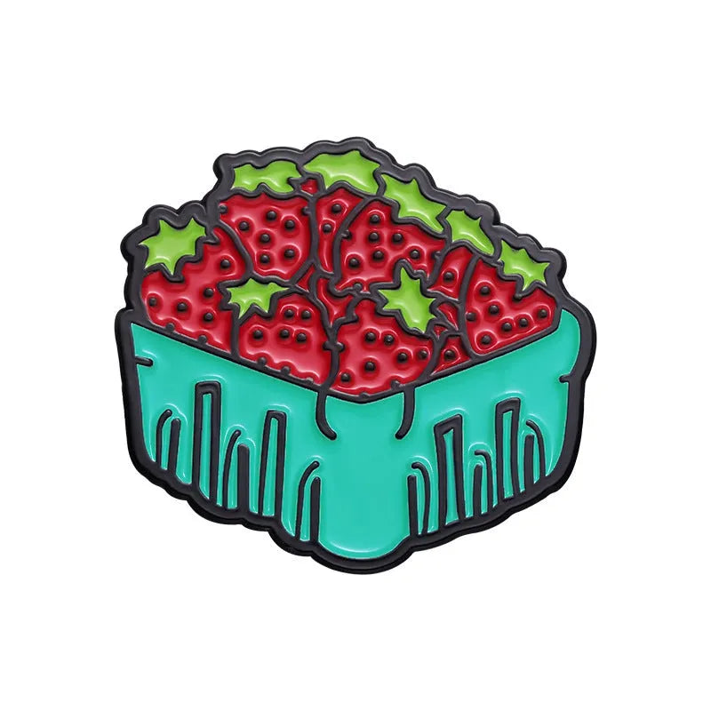 Colourful cartoon fruit design metal brooch with a silver pin fastener on the back.
