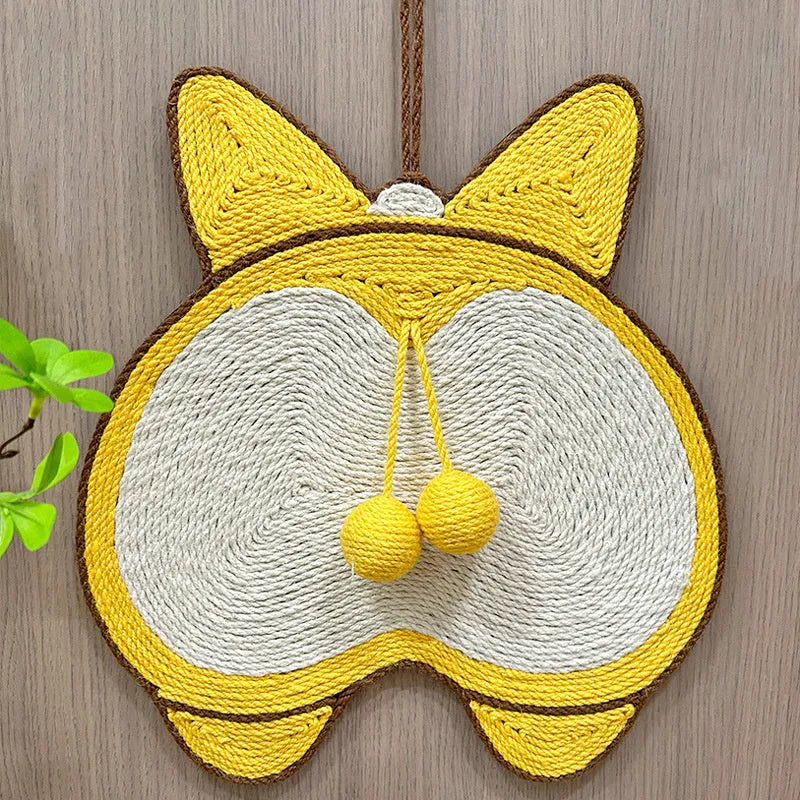 Yellow Corgi design sisal cat scratching board with anti-slip base and adhesive hooks