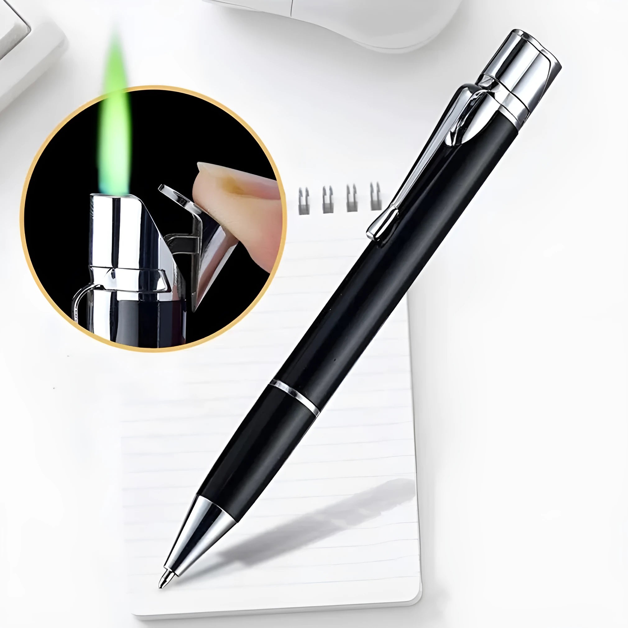 Slim metal windproof pen lighter with jet flame, shown with key chain in selectable colours.