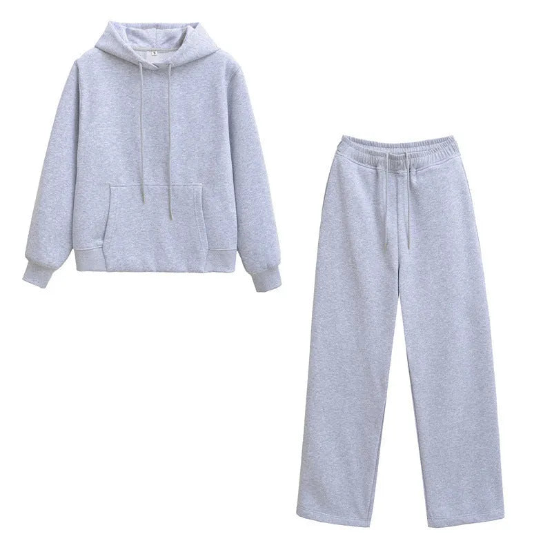 Women's hooded sweater and wide-leg pants set in solid beige colour, polyester blend, front view with hood up