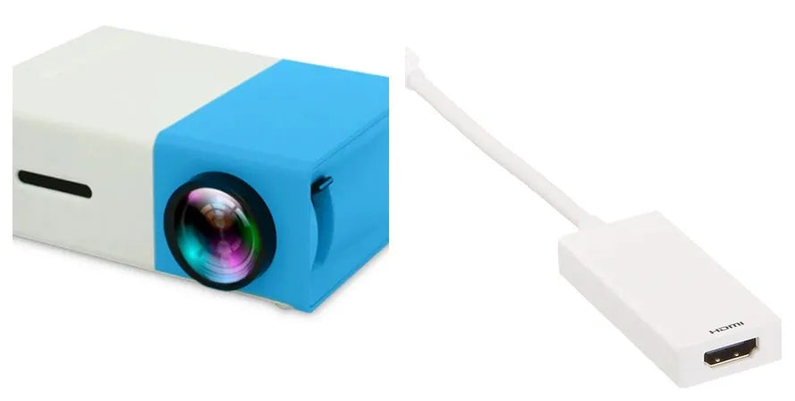 Compact black HD 1080P mini digital projector with UK power plug on white background