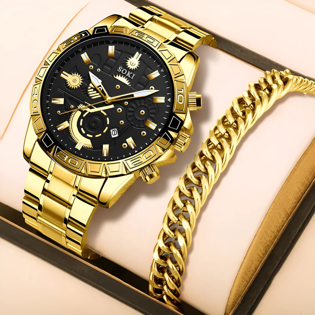 Gold men's stainless steel business watch with calendar on wrist