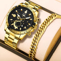 Gold men's stainless steel business watch with calendar on wrist