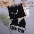 Women's handmade cotton blend bikini swimsuit with lace-up back in black, apricot and white/apricot skirt styles.