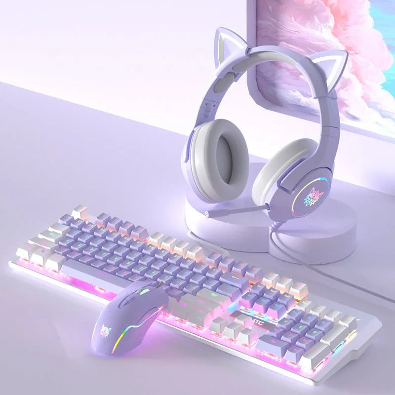 White and purple wired mechanical keyboard and mouse combo set with backlight illumination