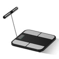 Black electronic bathroom scale with 30x30cm tempered glass platform and colour screen display
