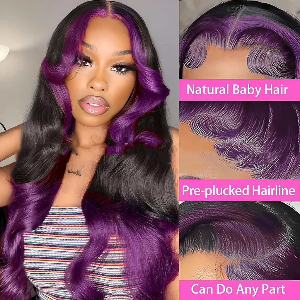 Gradient purple human hair wig with 13x6 lace front shown in Ruili style