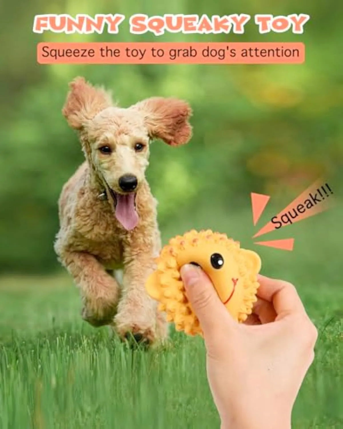 Two spiky squeaky latex dog toys, lamb and monkey designs, on a plain background.