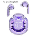 Transparent-packaged wireless Bluetooth headset in white, black, pink, sky blue, or violet, showing in-ear design.