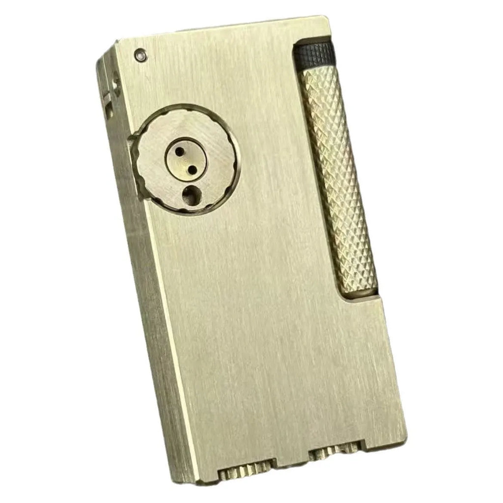 Brass metal lighter with copper flint warehouse and side sliding ignition mechanism