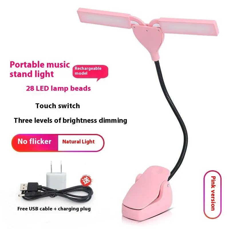Black rechargeable music stand lamp with 28 LEDs clipped to a metal stand.