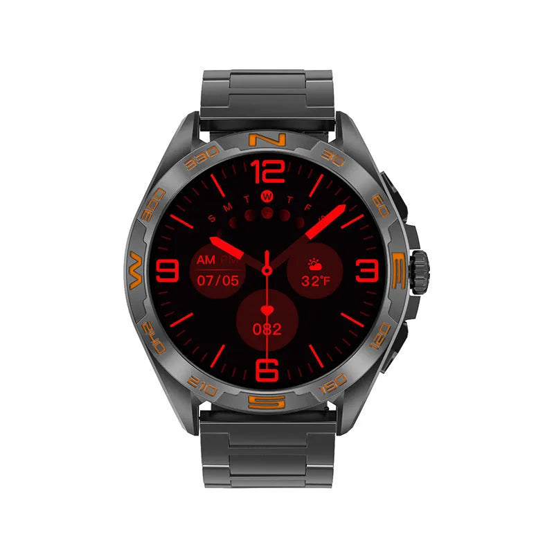 Black smartwatch with digital display showing heart rate and WhatsApp notification on a wrist.
