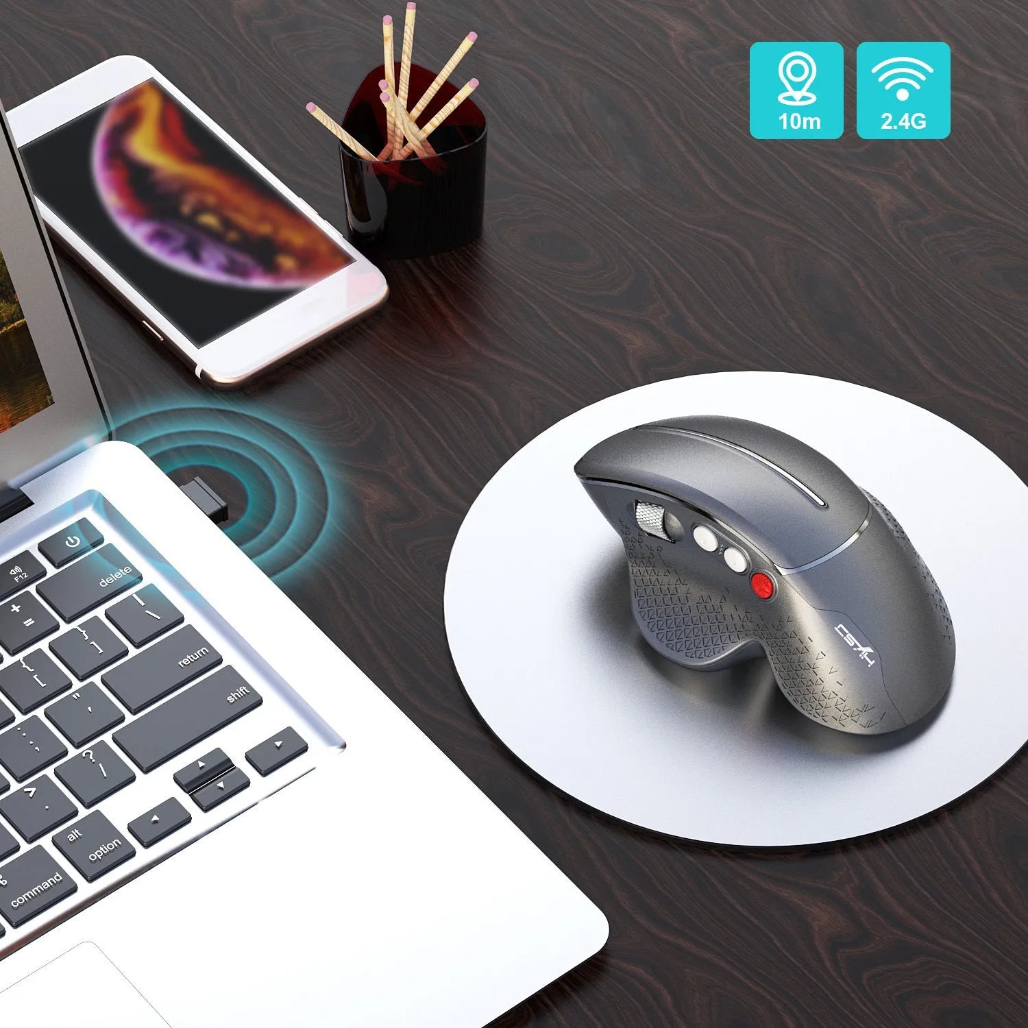 T32 black wireless vertical ergonomic mouse with aluminium side roller on desk