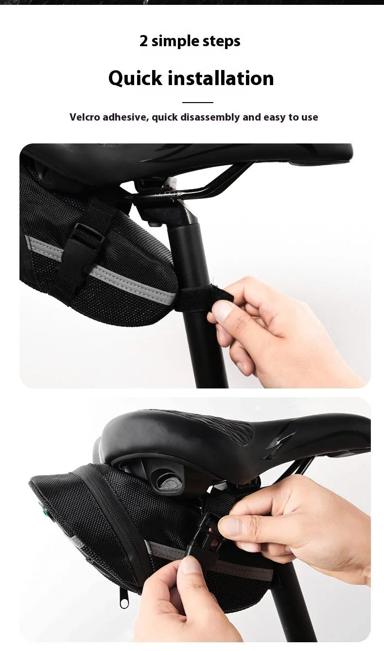 Black quick release bicycle saddle bag mounted under bike seat with tool capacity dimensions 20x8x6cm