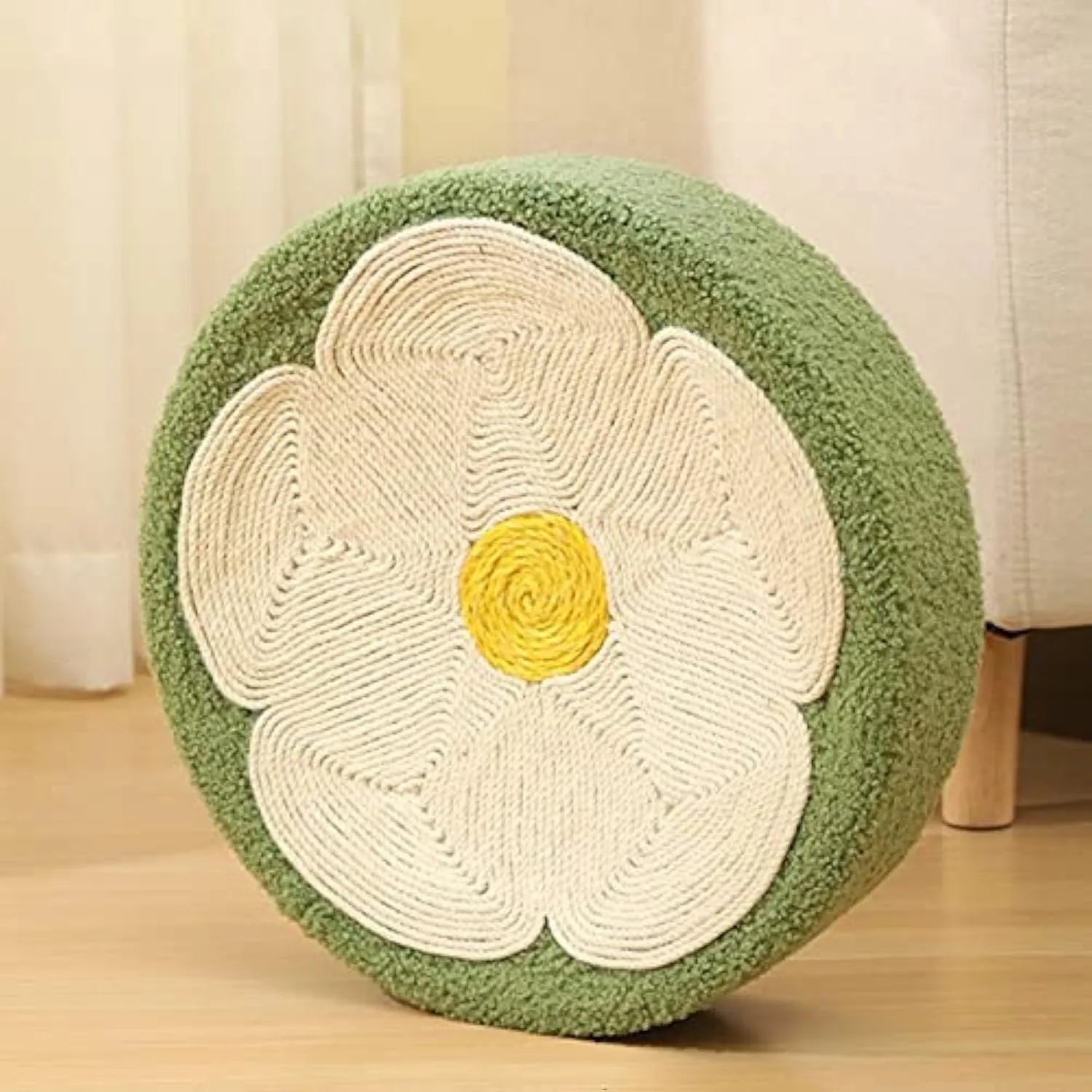 Green round sisal cat scratcher bowl lounge bed for scratching and sleeping.
