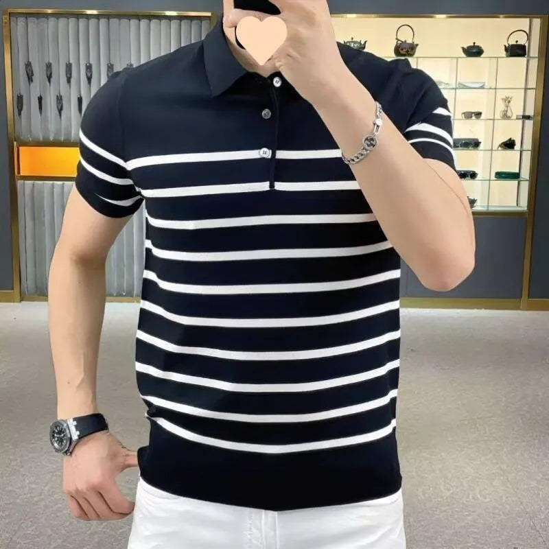 Black and white striped knitted T-shirt with distinctive lapel collar