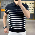 Black and white striped knitted T-shirt with distinctive lapel collar