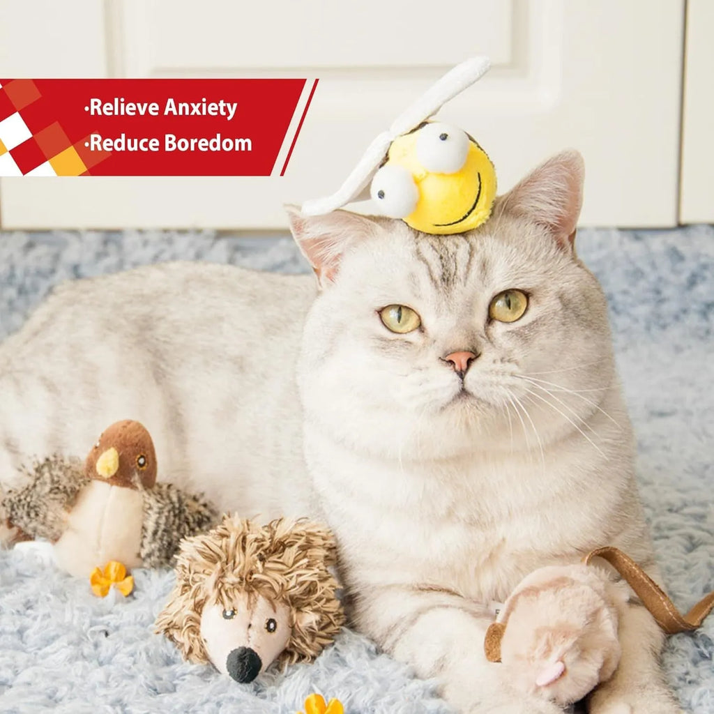 Yellow flannelette bee-shaped electronic cat toy that squeaks when touched