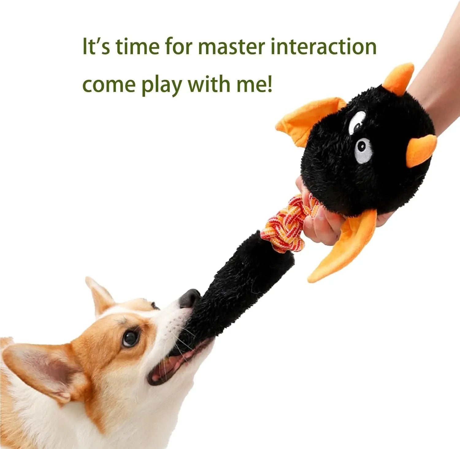 Soft rabbit fleece plush dog toy with a rope knot, in red, green, or black, shown with a dog.