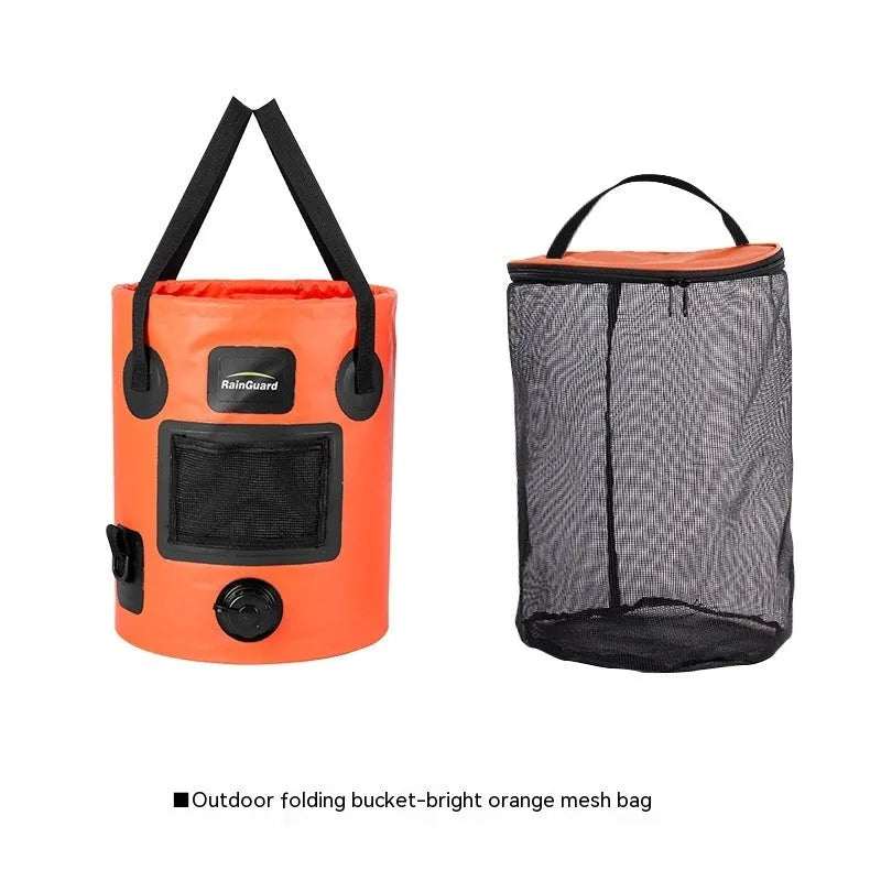 Folding fishing bucket in lemon yellow colour showing collapsed and expanded positions with mesh pocket
