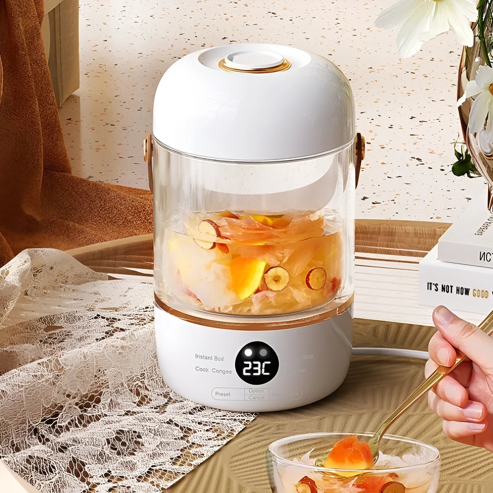 Personal portable electric stew cooker with glass liner and fibreglass body, 500W power.