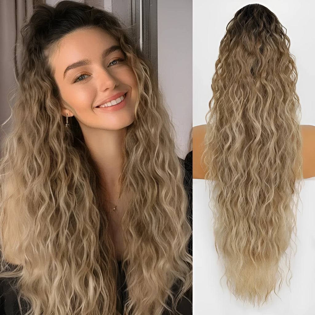 Long 30-inch curly ponytail wig in high temperature fibre for costume and cosplay.