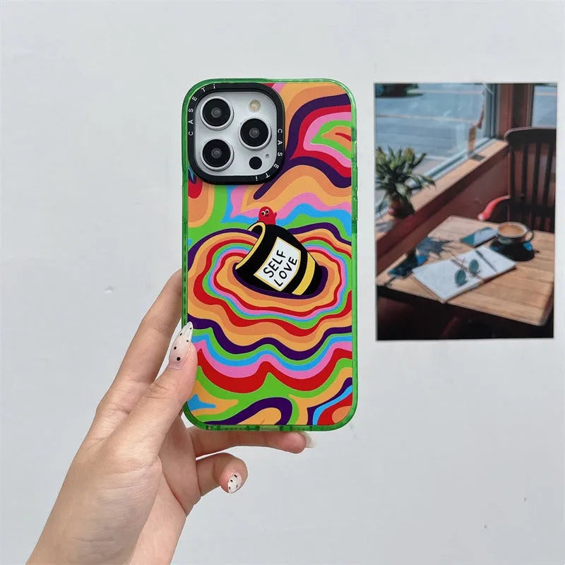 Green hard PC glitter acrylic phone case with love yourself more graphic for iPhone 13