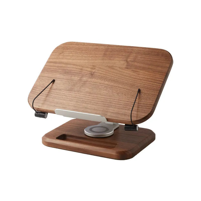 Natural walnut coloured solid wood reading rack with adjustable stand and tablet slot