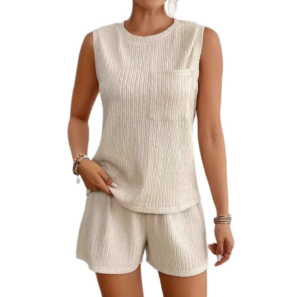 Solid colour polyester vest shorts set with sleeveless round neck top and matching shorts