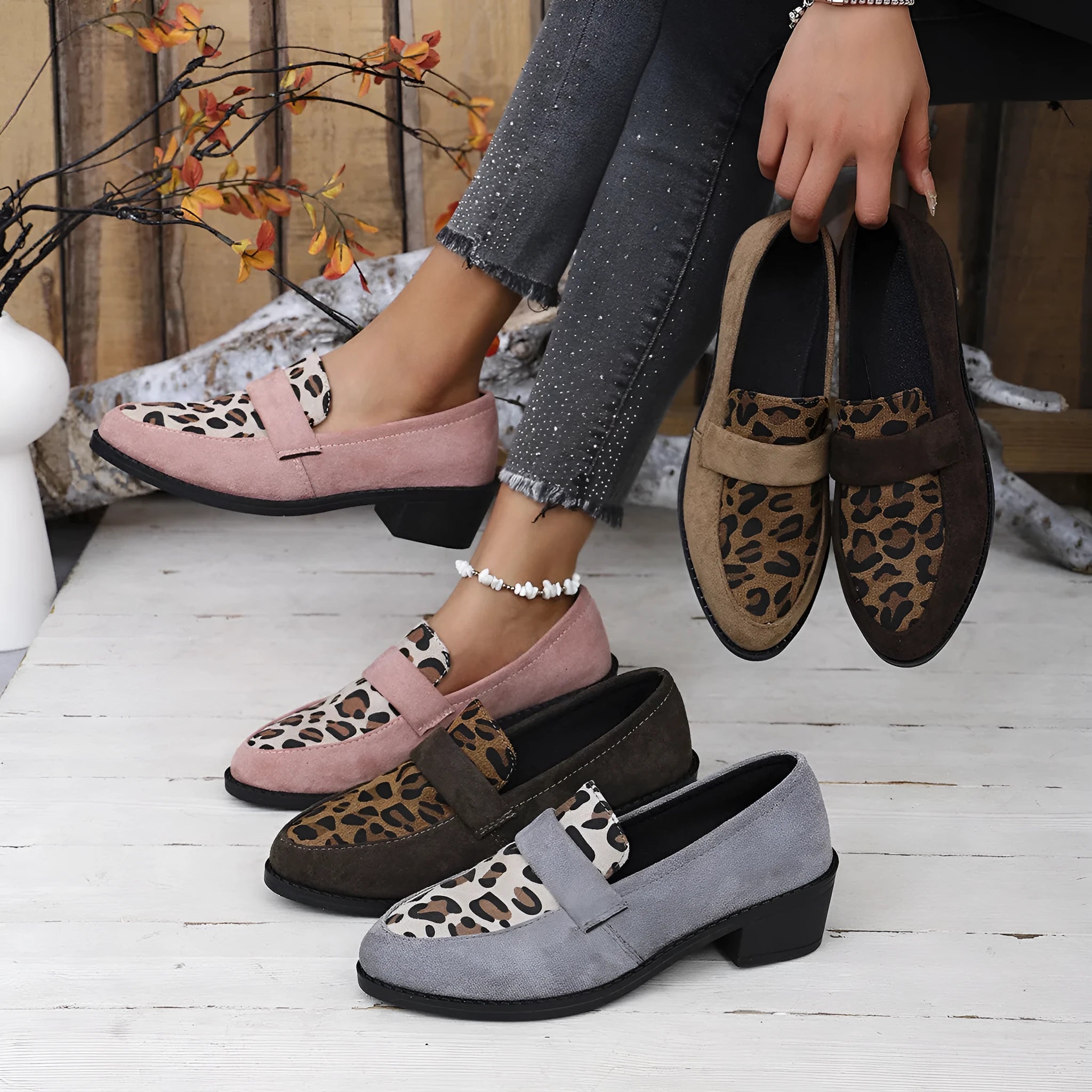 Leopard print slip-on suede pumps with chunky mid heel and pointed toe in pink colour