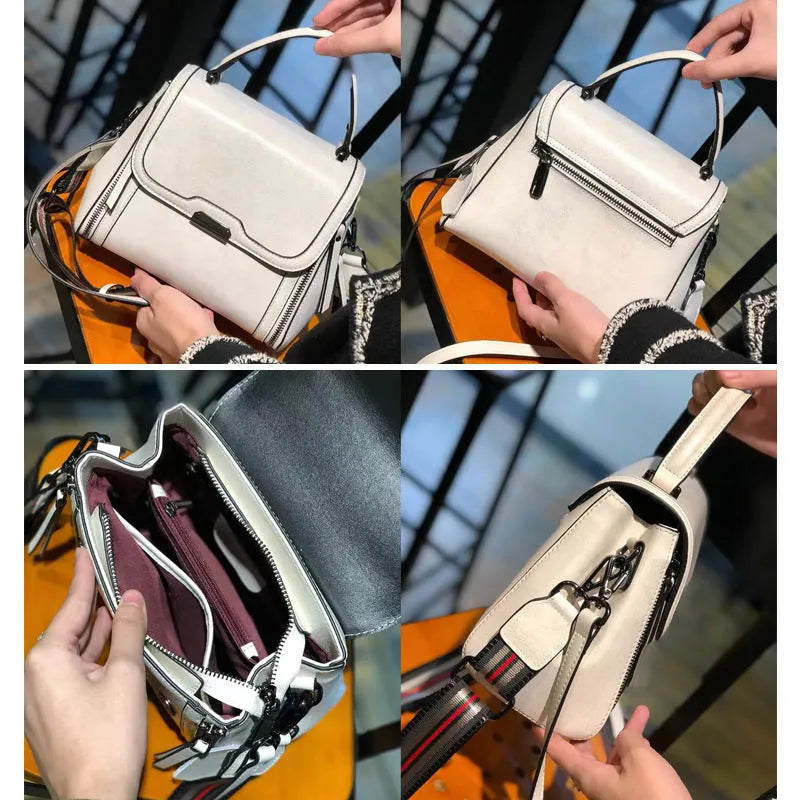 Genuine leather women's vintage messenger bag with multiple internal compartments in caramel colour