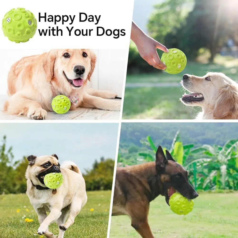 Durable rubber dog chew ball in multiple colours with squeaky sound and teeth-cleaning bumps.