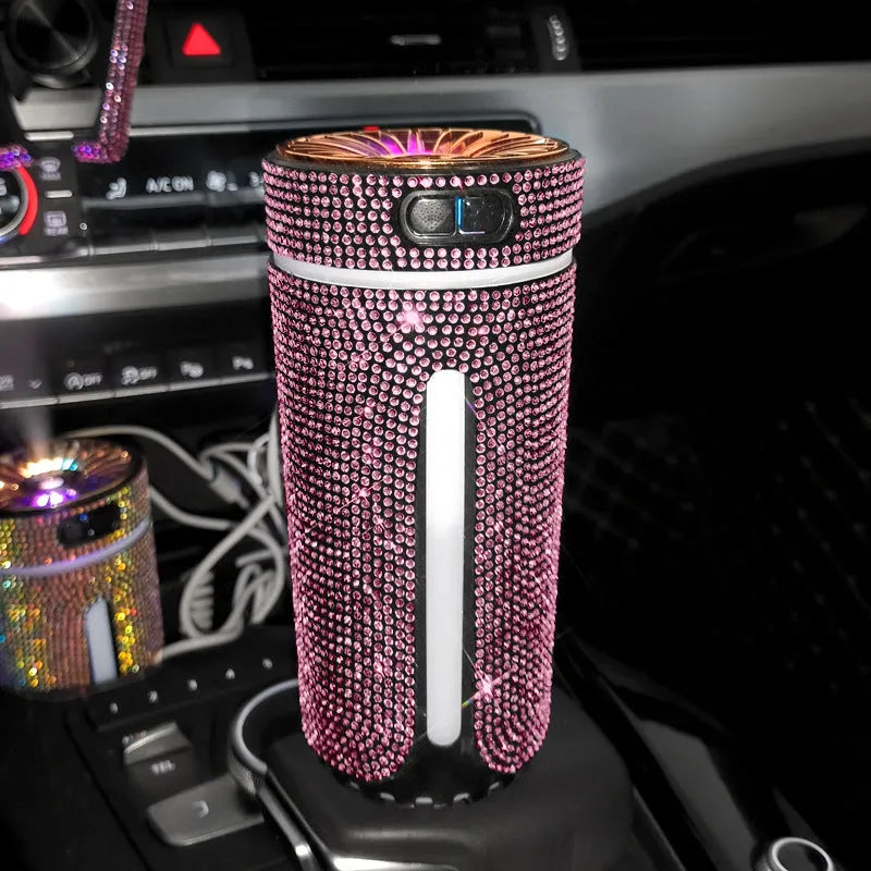 Luxury diamond rhinestone car humidifier with LED light, USB powered, 15x7x7cm, multi-colour options