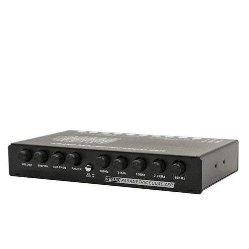 Black car audio EQ tuning amplifier with control knobs for subwoofer frequency and volume adjustment