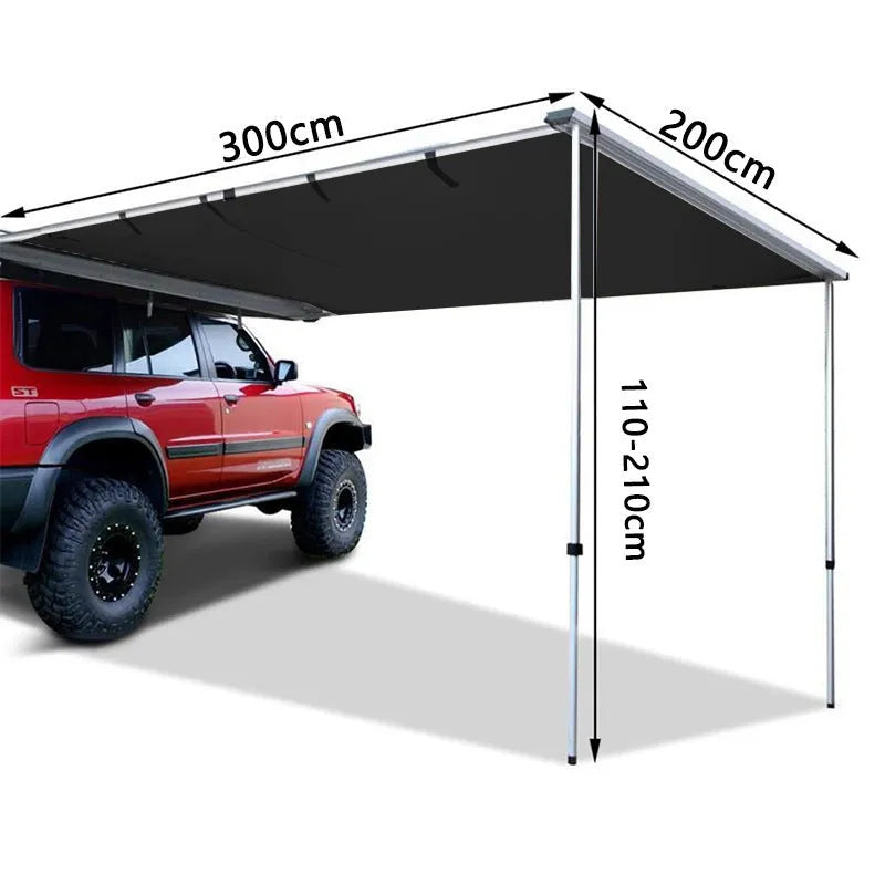 Black glue waterproof camping tent with aluminium poles set up outdoors showing two-bedroom interior