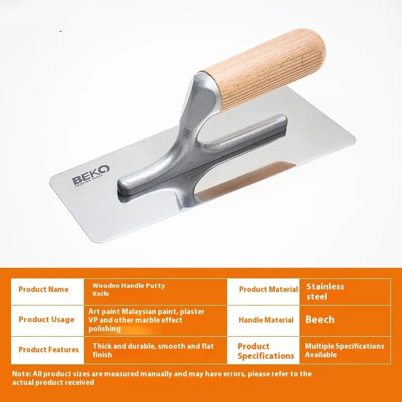 Stainless steel putty scraper with wooden handle showing three blade size options