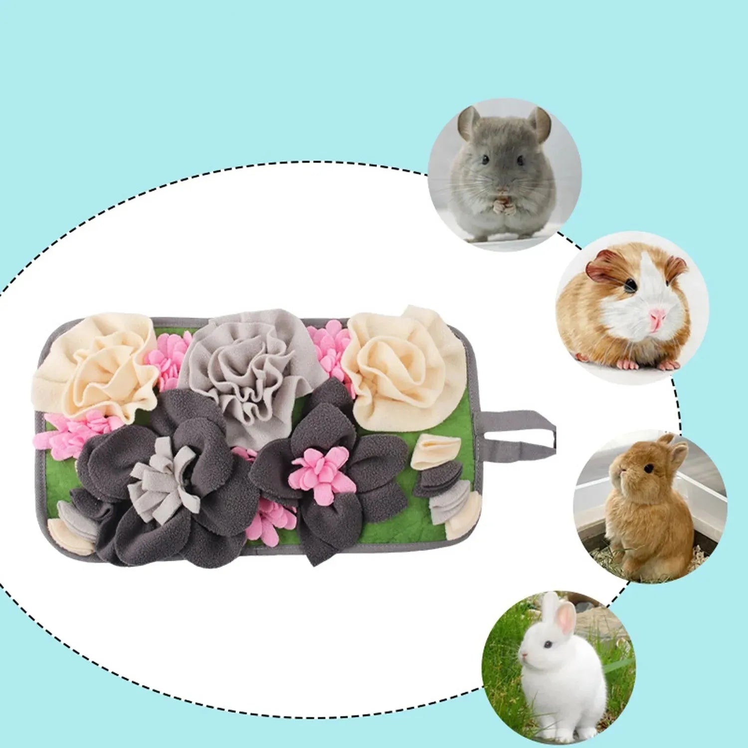 Grey square pet foraging mat with Totoro design for rabbits and guinea pigs.