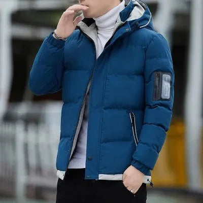 Men casual padded polyester jacket with stand-up collar in black, front view