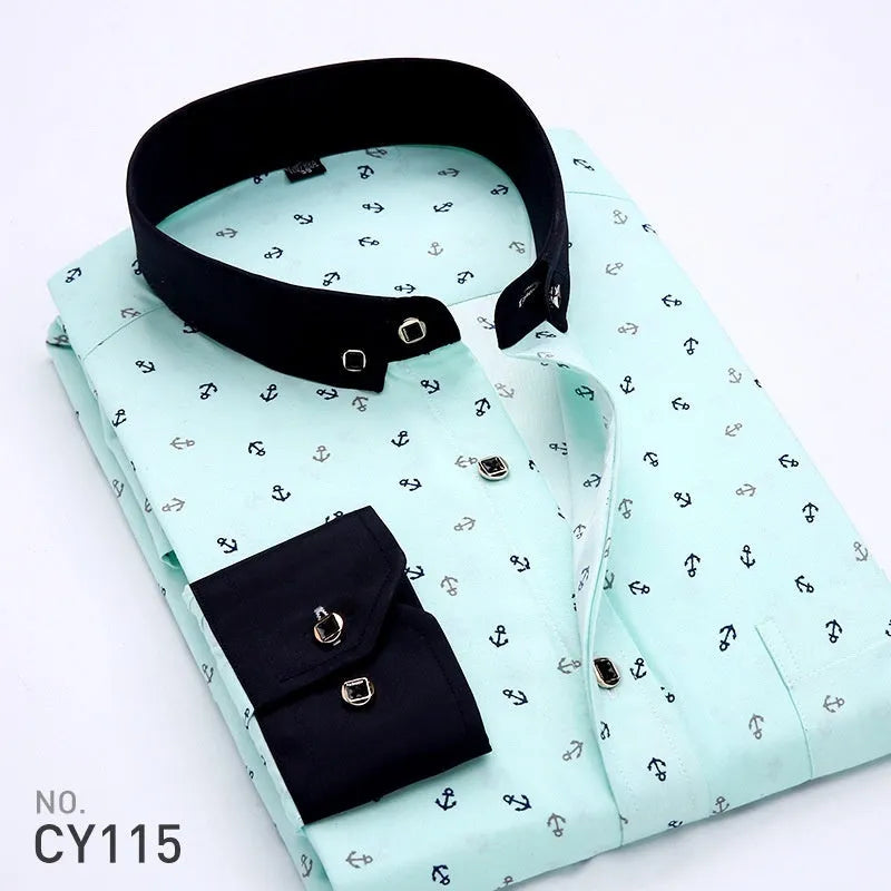 Men's slim-fit printed long-sleeved cardigan shirt in plaid and graphic colourways, Asian sizes 38-44