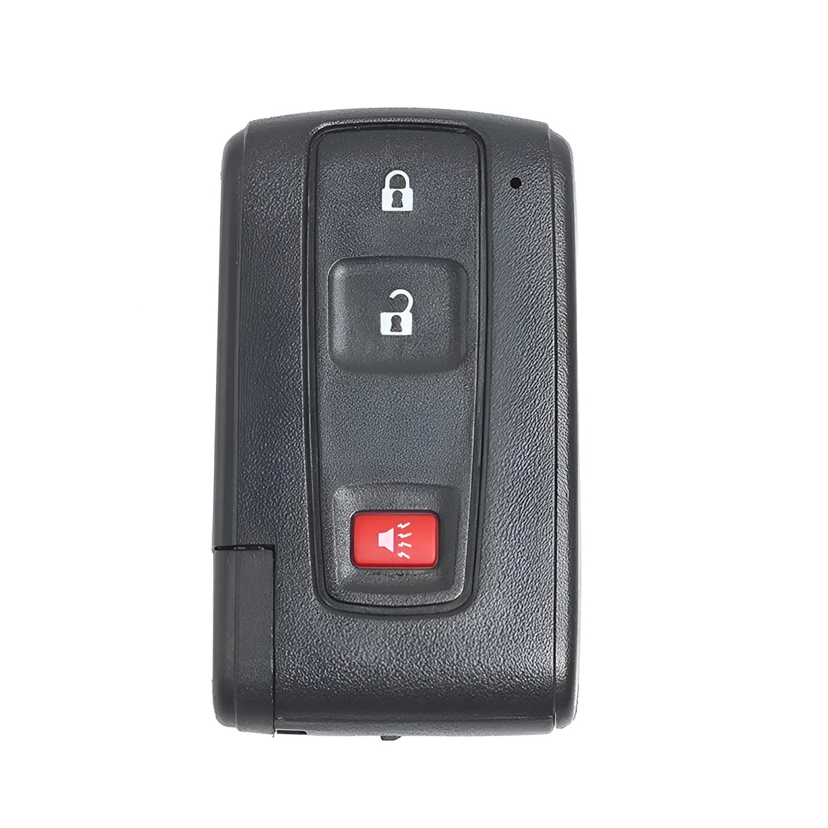 Black plastic car key shell replacement with small copper key blade measuring 70x38x20mm