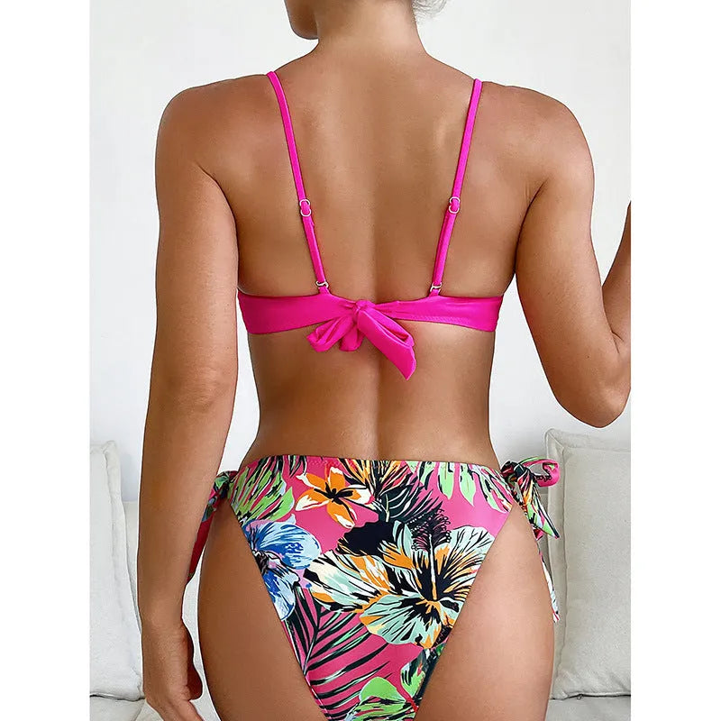 Women's rose red bikini swimsuit with braid rope design for swimming