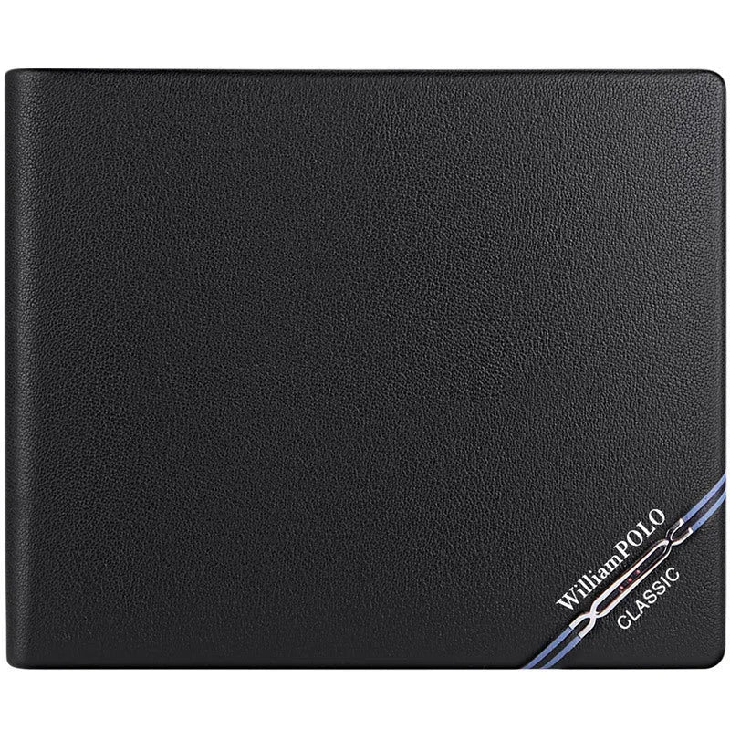 Men's slim leather wallet showing anti-theft card slot and letter pattern detail