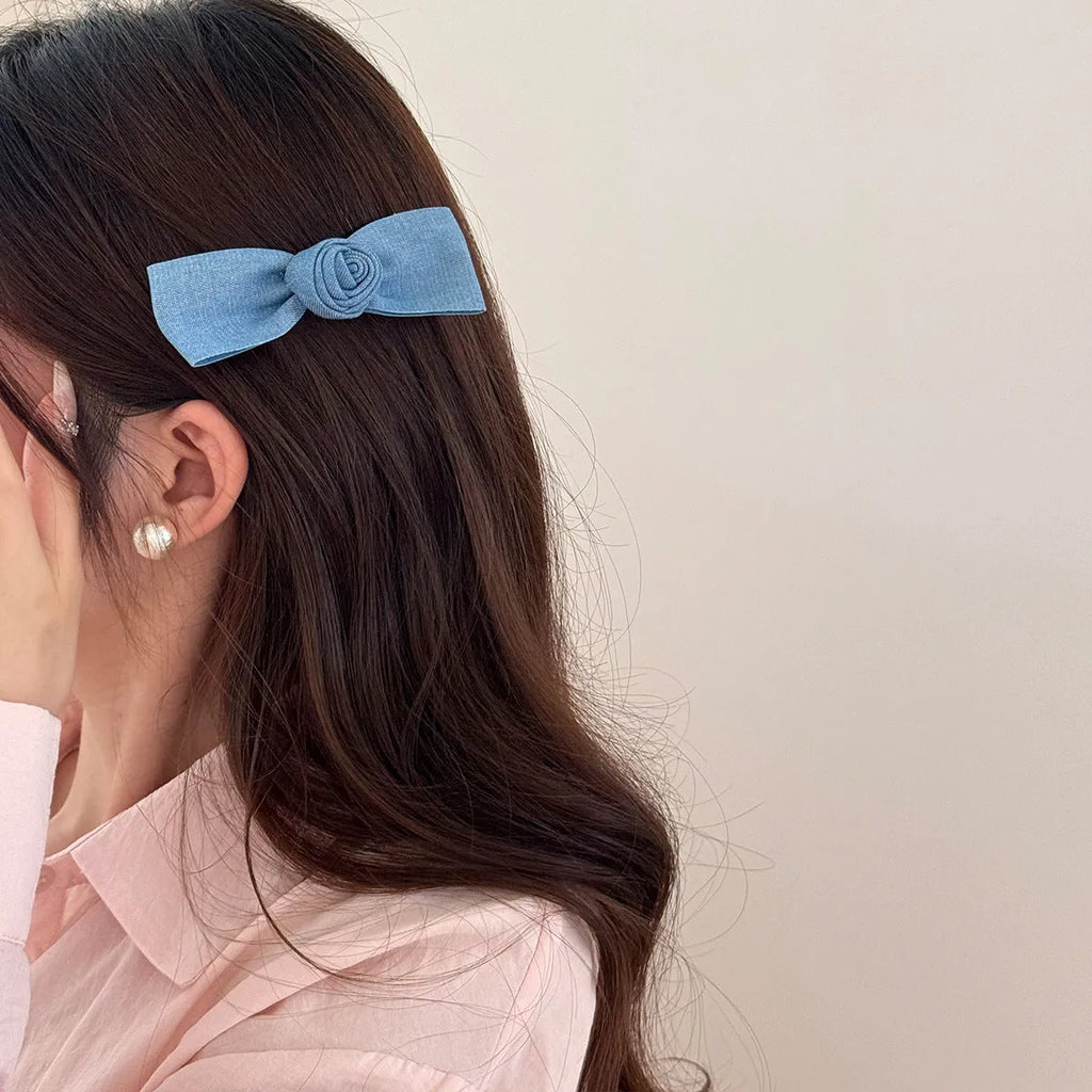 Handcrafted lace denim blue bow barrettes hairpin with beige lace and ribbon decoration