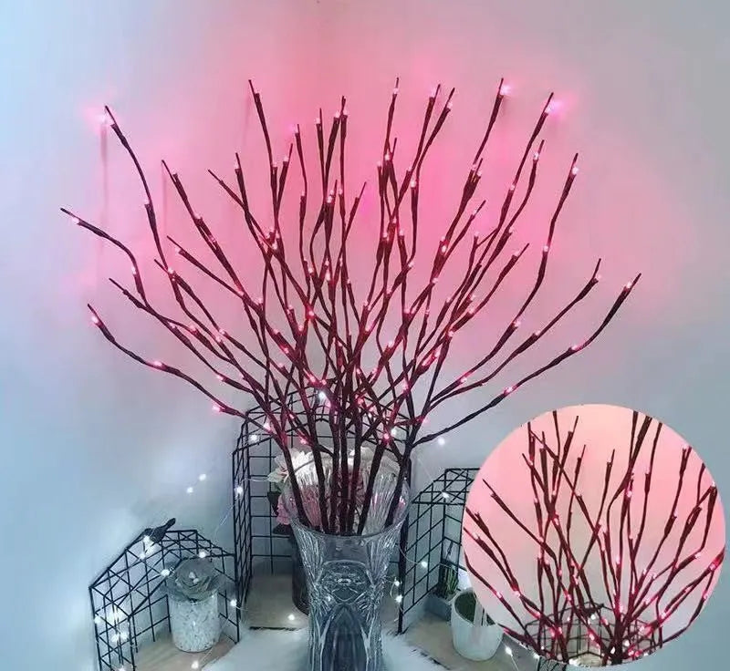 Silver branch LED decorative tree lamp with colour-changing lights in a vase base.