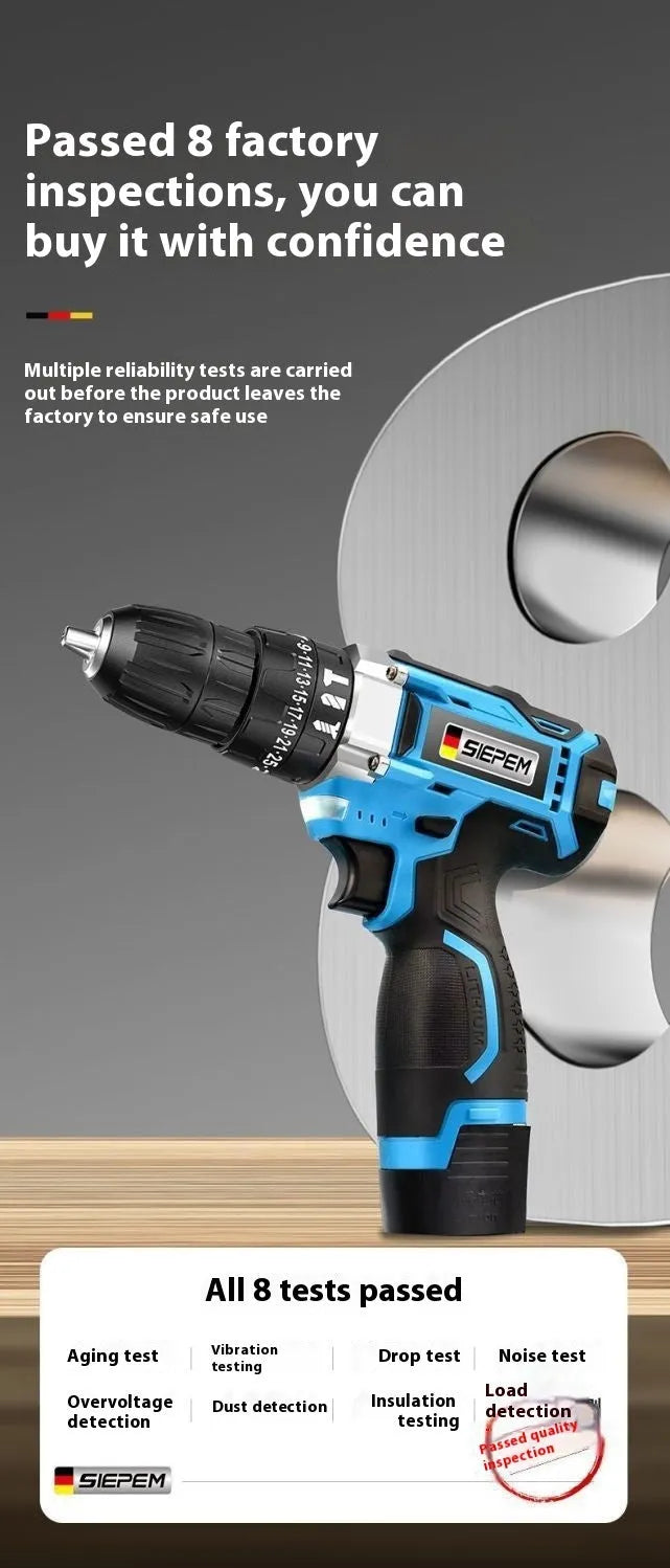 12V cordless impact pistol drill with dual-speed selector and included plastic storage box full of accessories.
