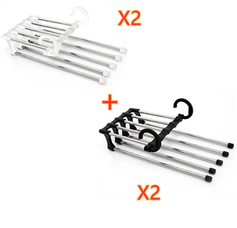 Black stainless steel wardrobe hanger with five booms for trousers organisation
