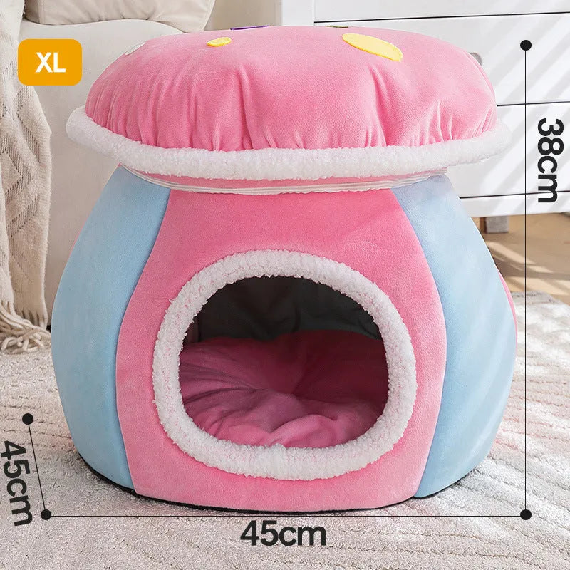 Grey mushroom-shaped plush cat bed with a detachable blanket inside, showing enclosed design.